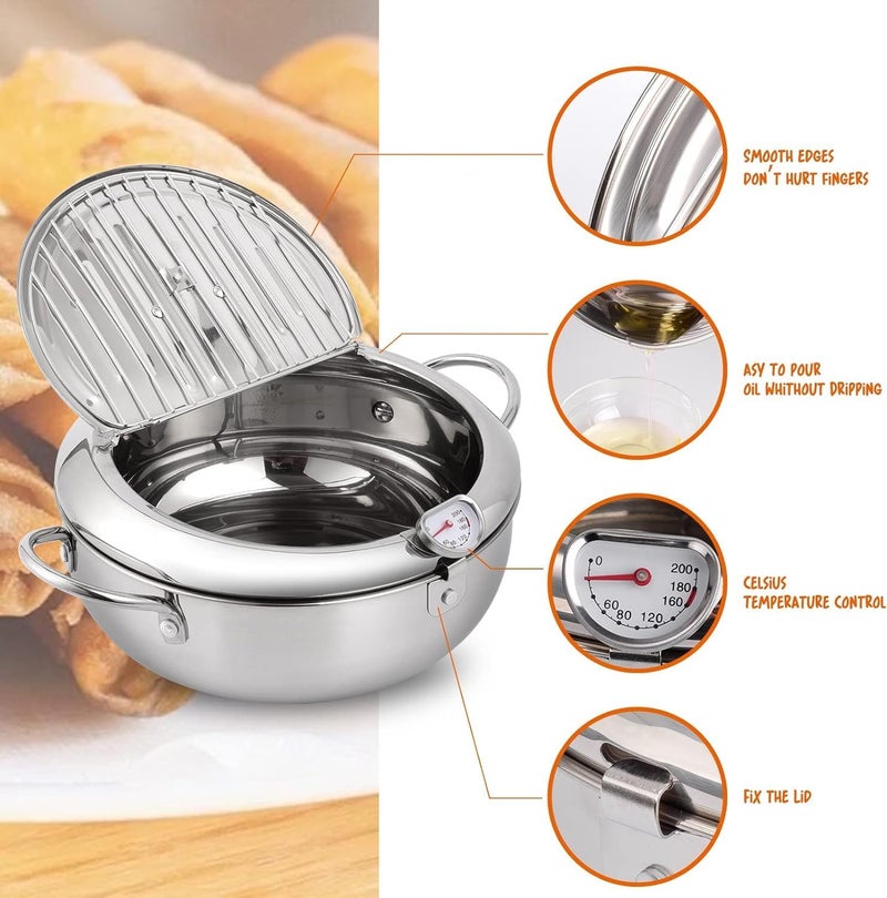 Oxydrily Deep Fryer Pot, Japanese Tempura Deep Fryer Stainless Steel Frying Pot With Thermometer - Image 3